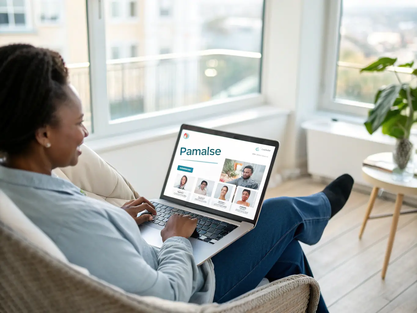 A person using the MediCost website on a laptop, searching for hospitals. The screen displays a user-friendly interface with search filters and hospital listings.