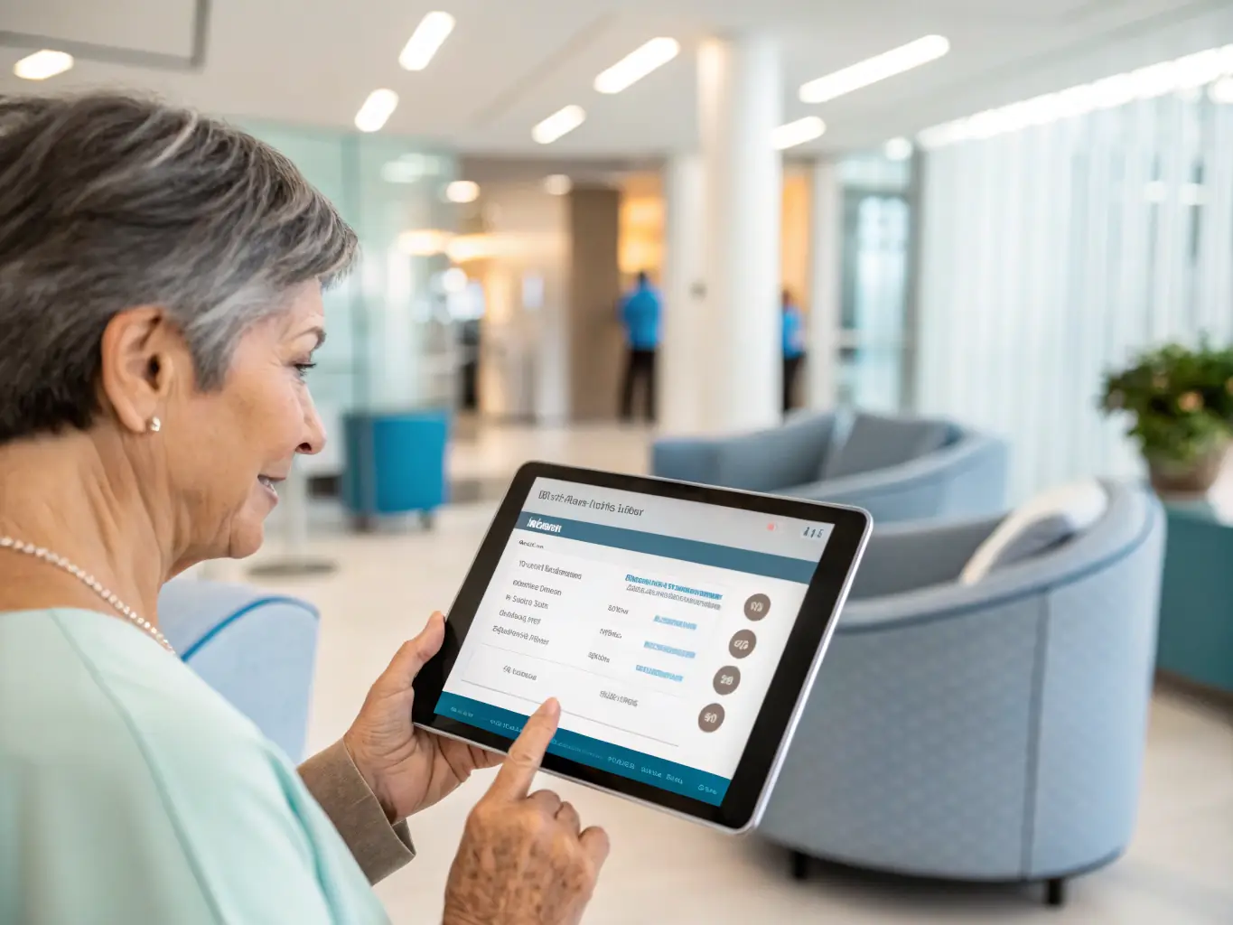 A person contacting a hospital through the MediCost platform on a tablet. The screen shows a contact form with pre-filled information for easy communication.