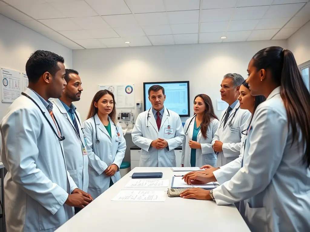 A stock photo of a diverse group of medical professionals collaborating in a modern hospital setting, symbolizing quality healthcare.