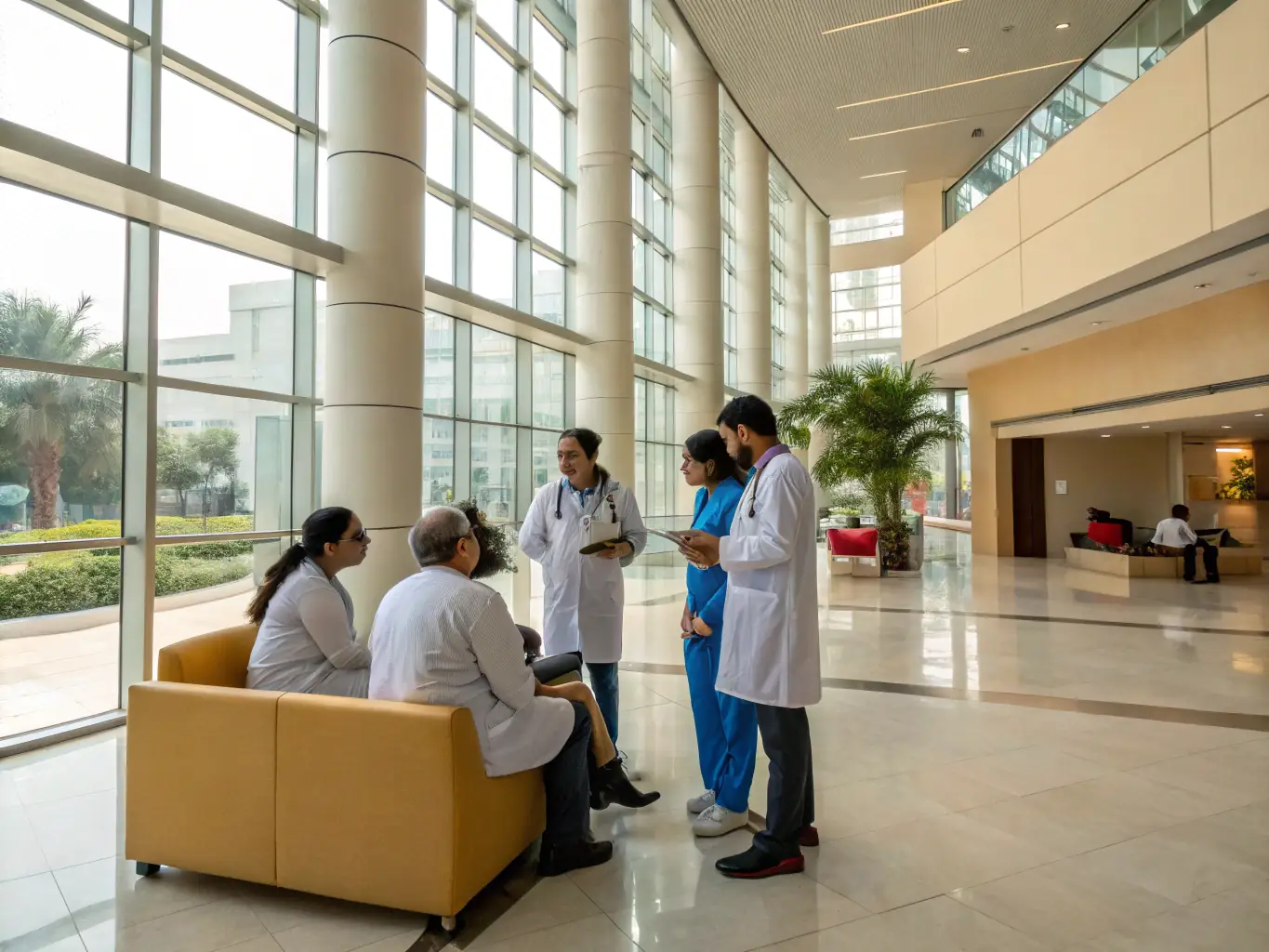 A state-of-the-art hospital in New Delhi, India, featuring advanced diagnostic equipment and a focus on specialized medical treatments, highlighting India's growing healthcare sector.