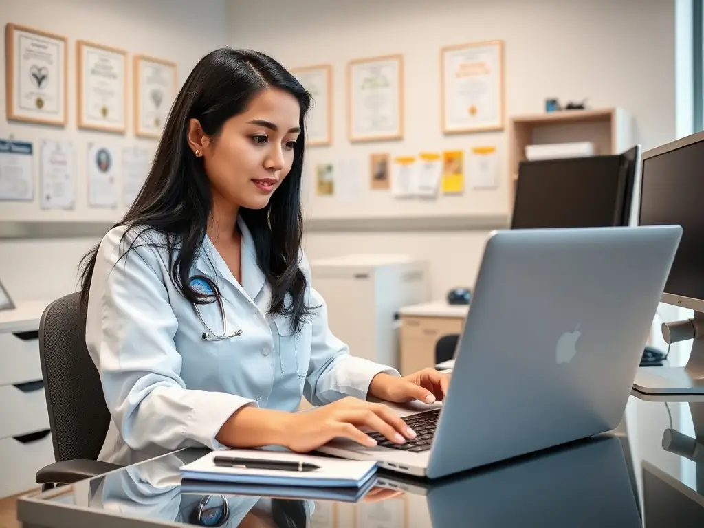 A professional photograph of a hospital administrator completing the MediCost registration form on a tablet, with a modern hospital lobby in the background.