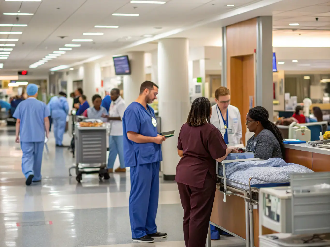 A bustling hospital scene in Bangkok, Thailand, with doctors and nurses attending to patients, reflecting the vibrant and affordable healthcare options in Southeast Asia.